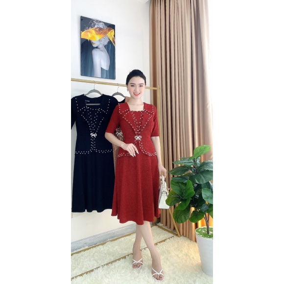 Đầm Thun Kim Sa Đính Ngọc Trai Cao Cấp